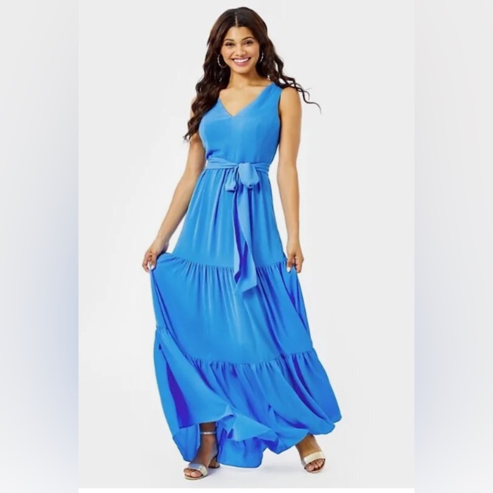 Lilly Pulitzer V-Neck Bright Blue Tiered Maxi Dress with Waist Tie